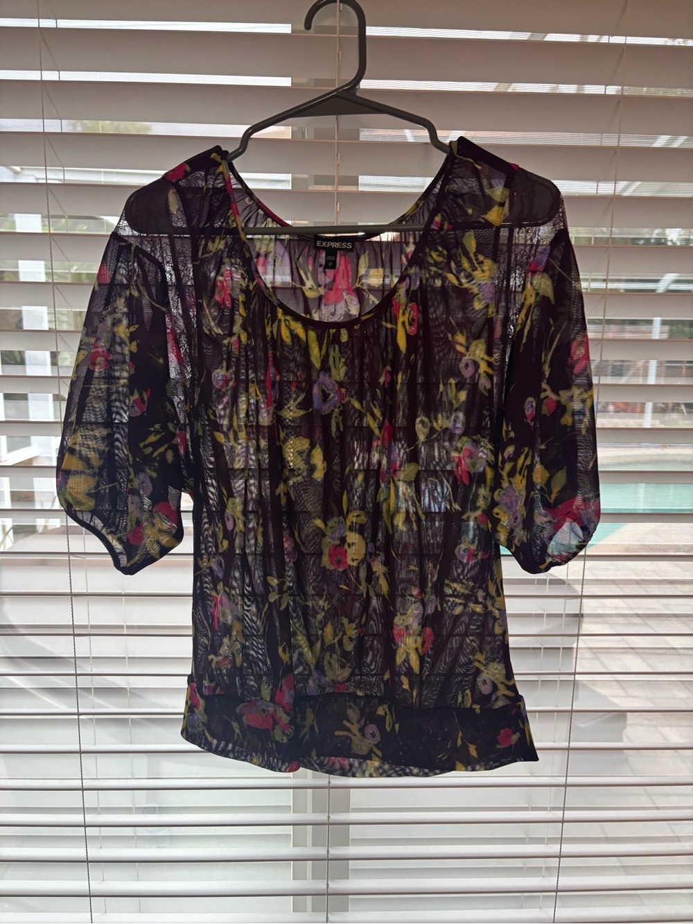 Express Black Sheer Floral Scoop Neck Blouse